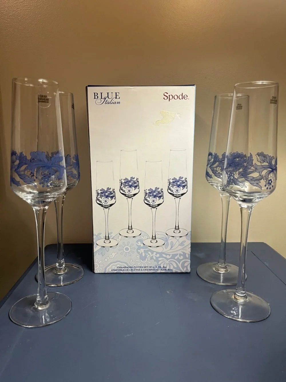 Spode Blue Floral Champagne Flutes - Blue Pattern Set of 4